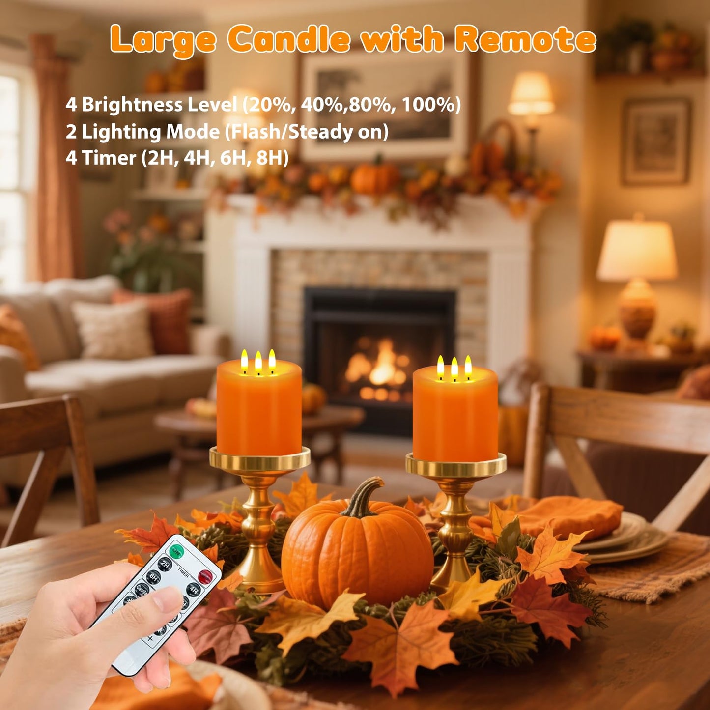 Large 3 Wick Flameless Candles Set of 2, 4"x4" Flickering LED Candles with Remote & Timer, Dimmable Real Wax Pillar Candles Battery Operated, Orange Candles for Fall Thanksgiving Halloween Decor
