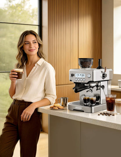 COUPLUX Espresso Machine with Grinder, 205℉ MAX Temp Control Expresso Coffee Machines 58MM Professional 15 Bar Espresso Maker with Milk Frother Steam Wand Perfect Americano Cappuccino & Latte for Home