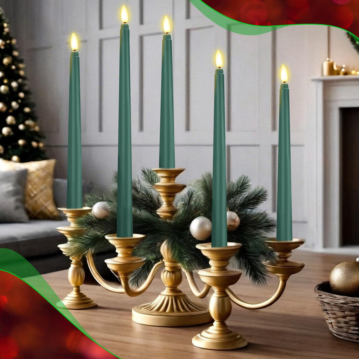 Rossesay 24 Pcs Flameless LED Taper Candles Battery Operated Candle 8.5", 9.65", 10.8", 12.8" Flameless Candlesticks Flickering for Christmas Church Wedding Indoor Decoration(Classic, Green)