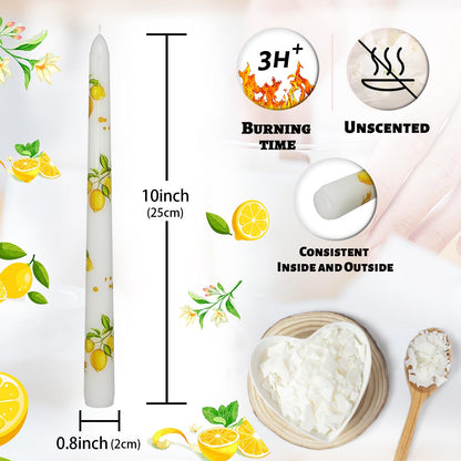 Floral Taper Candles 10 Inch Tall Unscented Handmade White Lemon Print Long Burning Elegant Candlesticks for Wedding Dinner Home Decor