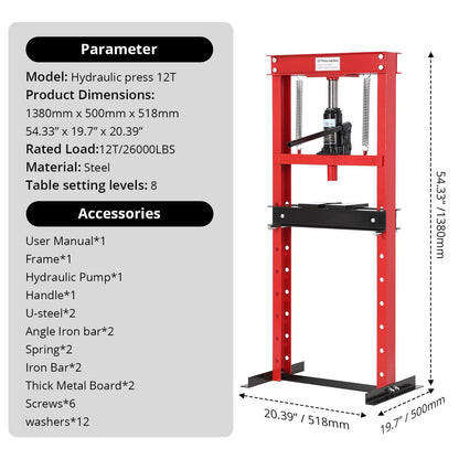 GarveeTech 12 T Hydraulic Press, H-Frame Bearing Press, Adjustable Working Table Height, Strong Load Capacity, for Car Repair Garage