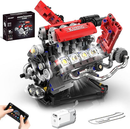 Mini V8 Engine Building Kit That RunsEngine Building Blocks with LED Light for Adults Visible Engine Model Set Construction STEM Toy for Kids Boys (660 PCS)