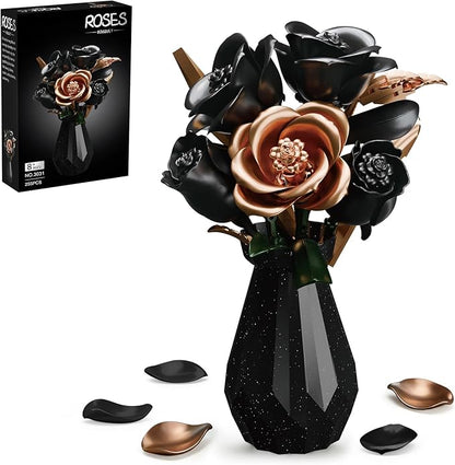 Black Roses Flower Bouquet Building Set with Vase - 255 Pcs Botanical Collection with Rose Gold Accent Artificial Floral Centerpiece Gothic Home Decor Gift for Adults