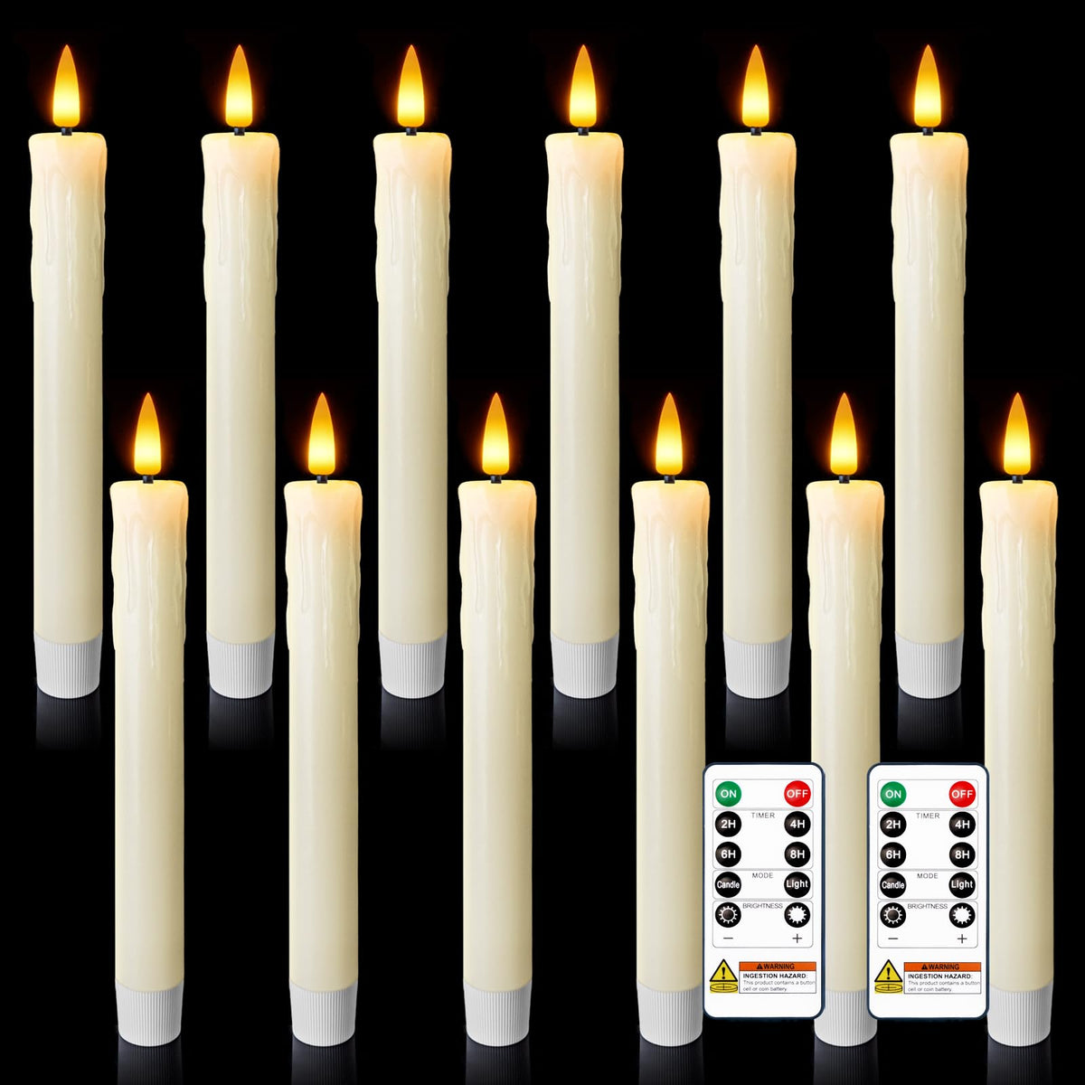 Meigic 7 Inches Dripless Flameless Taper Candles with Remote Timer Dimmer, Real Wax Battery Candlesticks, 3D Flame Fake Candlesticks for Home Wedding Christmas Decor, Ivory, 12 Pcs
