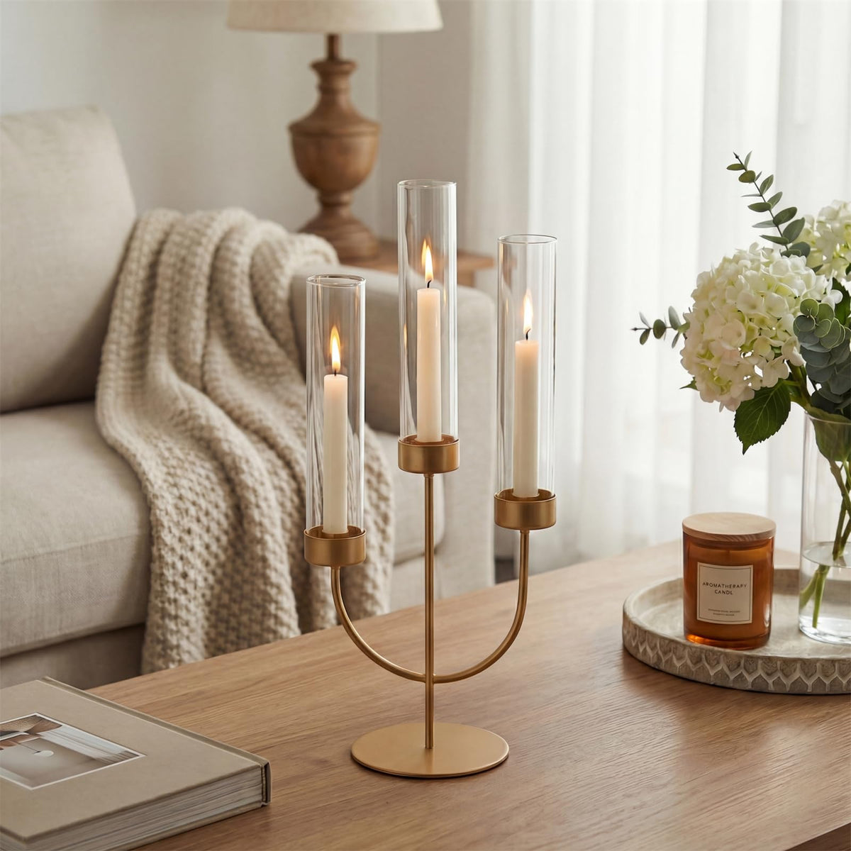 Sziqiqi Candelabra Gold Candlestick Holders: 3 Arm Candelabra Centerpiece with Glass Hurricane for Dining Table Fireplace - Modern Candle Holders for Wedding Christmas
