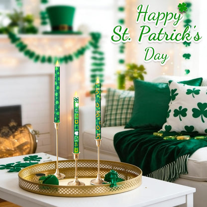 LCZLUMIPRO 6Pcs St. Patrick' s Day Flameless Taper Candles, 10.63" Green Battery Operated LED Shamrock Candles with Lucky Charms,Remote Timer, Candlesticks,Irish Party Favor Gifts for Home Table Decor