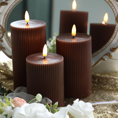 3 Pack Wax LED Flameless Candles with Remote Real Wax Battery Operated Electric Pillar Candle Set with Vertical Stripes 3D Black Wick for Home Party Wedding Decorations, Brown, D 3 x H 4/5/6 inch