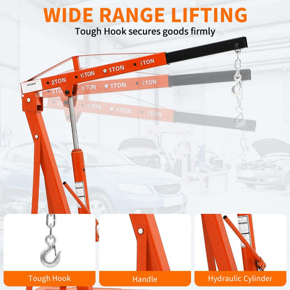 2-Ton Folding Engine Hoist Cherry Picker 44 Lb Capacity Hydraulic Shop Crane with Telescoping Boom 6 Caster Wheels for Automotive Repair Garage Use Includes Hitch and Storage Stand Orange