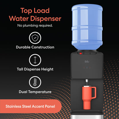 Brio 130 Series Top-Load Water Cooler Dispenser for 3- and 5-Gallon Bottles, Hot & Cold, Spill-Free Loading, Child Safety Lock, Energy Star 3.0, Black & Stainless