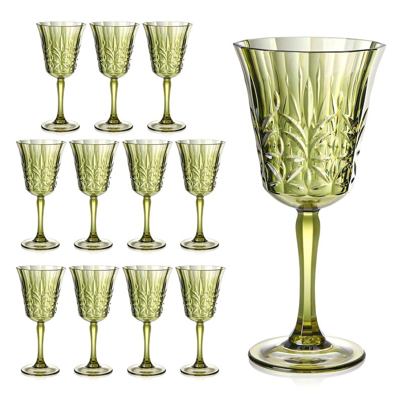 10oz Green Plastic Wine Glasses Goblets Stemmed Wine Glasses Set of 12 Shatterproof and Reusable Crystal Glasses Set for Wedding Reception Grand Event Party Ceremony (12, Green)