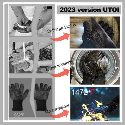 UTOI BBQ Grill Gloves, 1472F Heat Resistant Barbecue Oven Mitts, Silicone Non-Slip Cooking Gloves for Kitchen, Grilling and Baking, EN407 Certified, 13 inch Long, Black, XL Size, 1 Pair