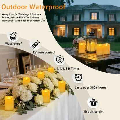 Haown Outdoor Indoor Flameless Candles, Patented 3D Dual-LED, Set of 6 Slanted Top Durable Plastic Pillars with 2 Remotes & Timer, Non-Melting Waterproof Battery Candles for Patio Garden (Ivory)