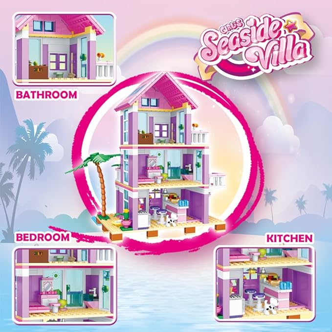 Girls Building Blocks House Toys 573 Pieces Seaside Beach Villa Friends Building Set Educational Holiday Cottage Construction Bricks Toys