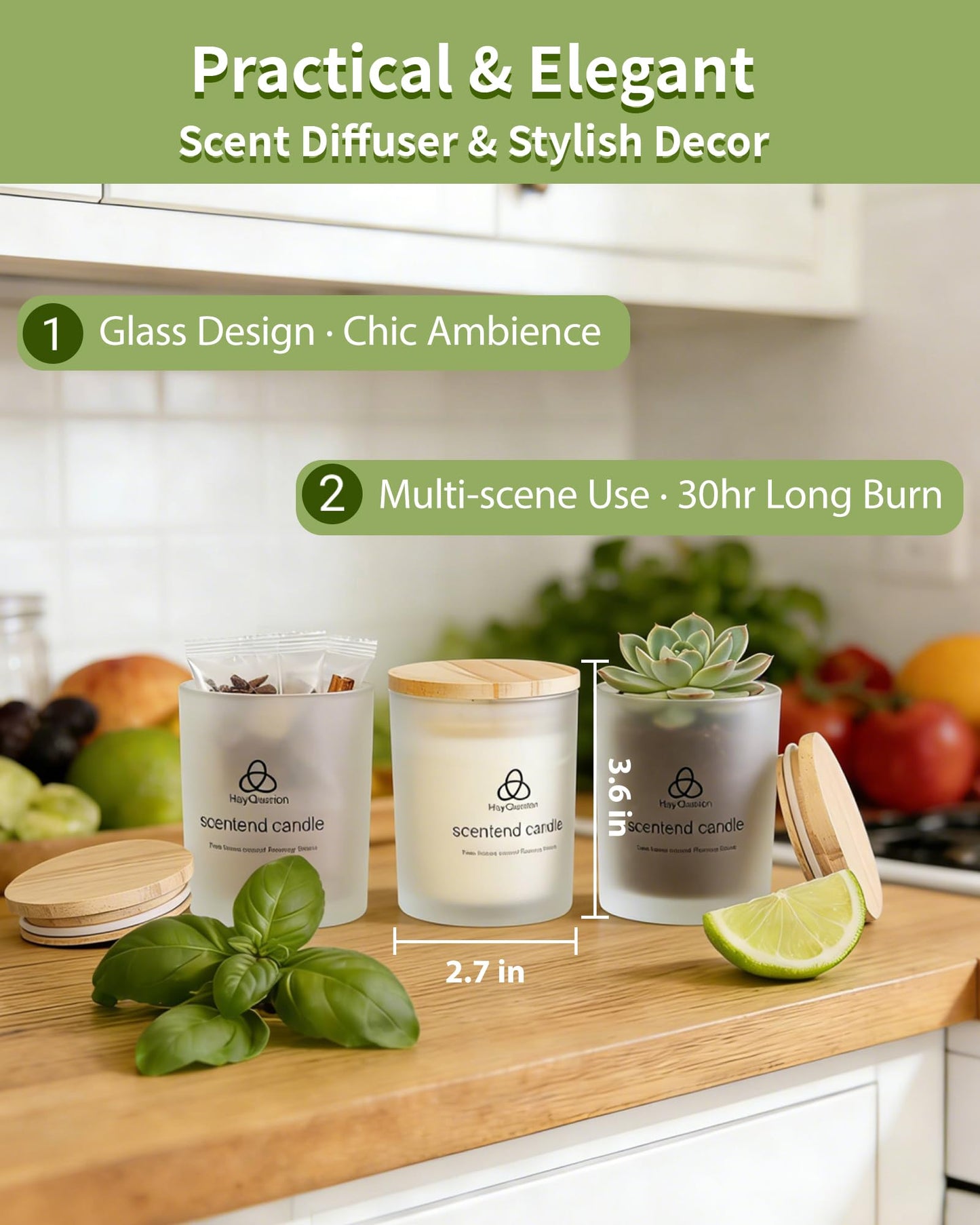 HayQuarion Lime & Basil Scented Non Toxic Candles for Home, Natural Soy Wax Aromatherapy Candle Gifts for Women Men, Meditation, Aromatherapy, Fresh Home Decor, Odor Eliminating Citrus for Kitchen