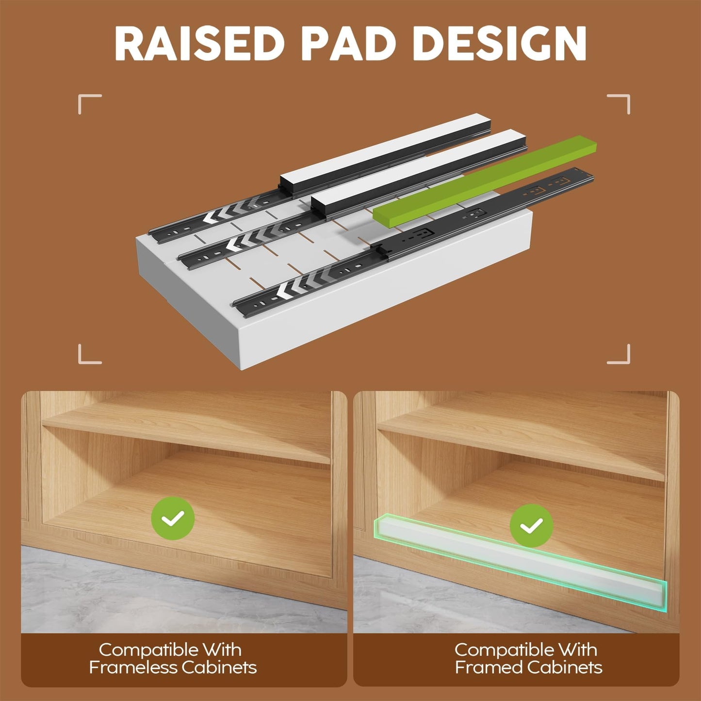 Seinloes 4 Pack Expandable (9"-14") Pull Out Cabinet Organizer 21" Deep With Raising Pad for Framed Cabinets,Upgrade 3 Slide Rails Slide Out Drawers,No Drill Roll Out Shelves Adhesive,White