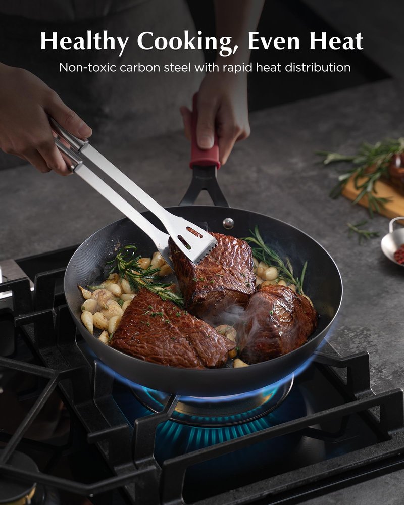 Yonida Carbon Steel Pan, 10 Inch Nonstick Frying Pan Skillet, Pre-Seasoned Carbon Steel Cookware with Removable Silicone Handle Holder, Indoor/Outdoor, Induction & Oven Safe