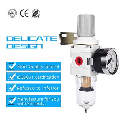 NANPU 1/4" NPT Compressed Air Filter Regulator Combo Piggyback, 5 Micron Brass Element, Poly Bowl, Semi-Auto Drain, Metal Bracket, 0-150 psi Gauge
