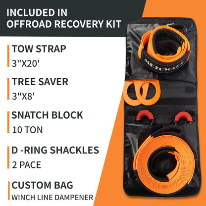 METOWARE Offroad Recovery Kit - 3" x8' Tree Saver, 3" x20' Tow Strap, 10 Ton Heavy Duty Snatch Block Pulley, 2pk 3/4" D Ring Shackles and Winch Line Dampener Bag