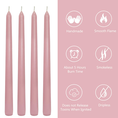 10 Inch Taper Candles Handmade Smokeless Set of 4 – Rose Scent Tapered Candles in Pink, Candle Sticks for Wedding, Home Decor, and Dinner Table