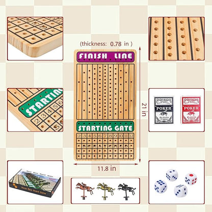 21 in Horse Race Board Game Racing Game Thickened Solid Wood with 11 Metal Horses 2 Cards &amp 4 Dice Horse Racing Game for 2-6 Players