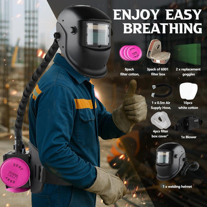 Owenri Welding Helmet Auto Darkening with Air Fed System, Powered Air Purifying Respirator (PAPR) True Color Welding Mask, Upgraded Arc Sensor 4/9-13 for TIG MIG ARC Welding Mask