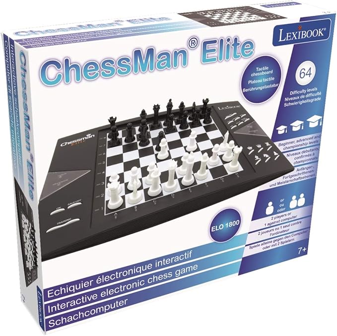 Lexibook Chessman® Elite Interactive Electronic Chess Game + 64 Levels of Difficulty LEDs Family Child Board Game Black/White CG1300US