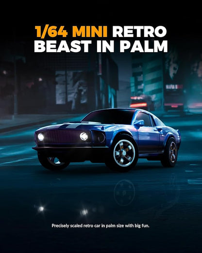 1/64 Scale Drift RC Car2.4Ghz Mini Sports CarEquipped with LED Lights and Mustang Retro Cars with Built-in GyroscopeProfessional Rear Wheel Drive30 Minute Driving Time (Black)