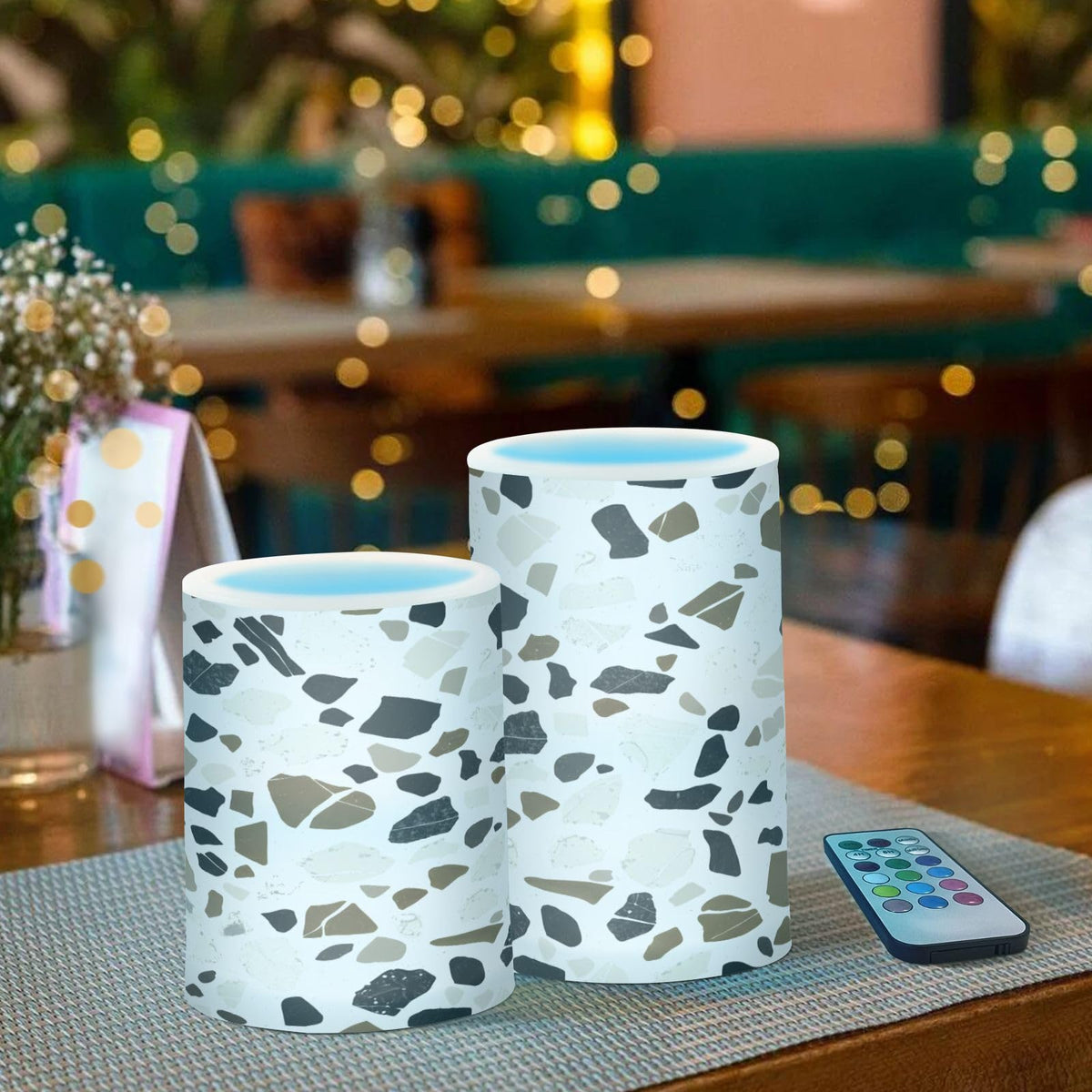Kigai Terrazzo Pattern Flameless Candles Battery Operated Flickering LED Candles with Remote & Timer 2PCS Outdoor Waterproof Pillar Light for Party Wedding Home Decor