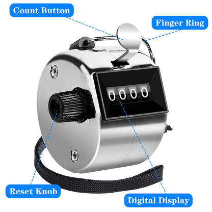 FEBSNOW Hand Tally Counter 4 Digital Clicker Counter for Sport Row School Event (Metallic)
