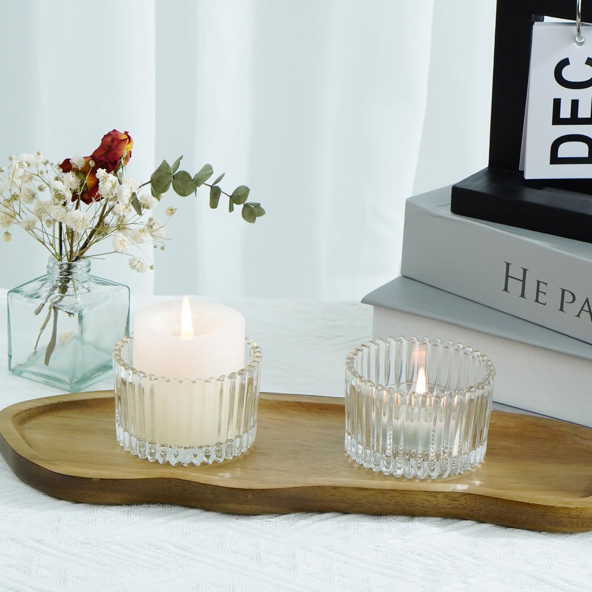 Jollyhilan 6 Pack Glass Candle Holder,Round Glass Candle Tray Ribbed Tealight Holders for Votives, Floating Candles Table Centerpieces Wedding Home Decor,Clear