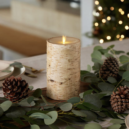 Luminara Realistic Artificial Flame Pillar Candle Wrapped with Real Birch Bark - Moving Flame LED Battery Operated Lights - Unscented - Remote Ready - Remote Sold Separately - 4.0" x 7.0"