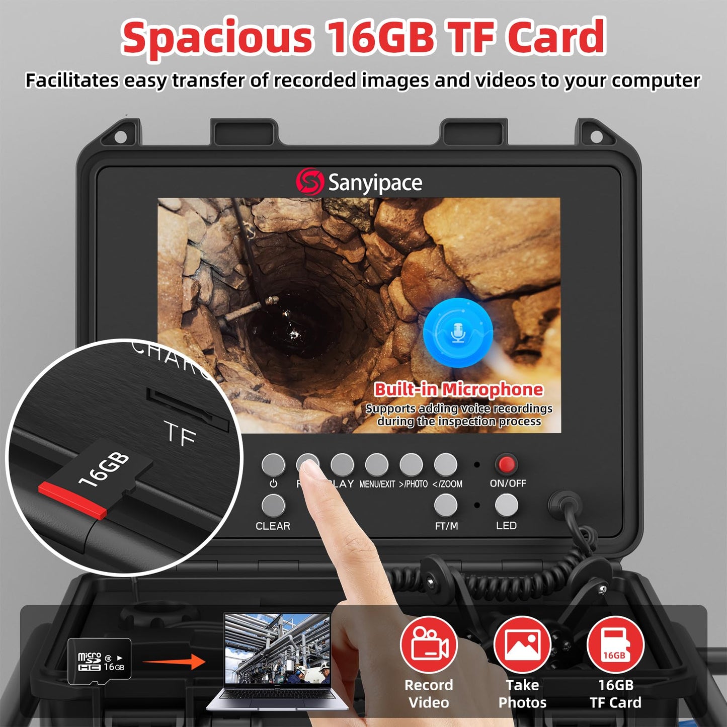 Sanyipace Pipe Camera with Locator, 512Hz Sewer Camera with Self-Leveling, 23mm/0.9in Drain Camera with Distance Counter, 5X Zoom, Waterproof Plumbing Inspection Camera with 12 PCS Lights, 66FT/20M