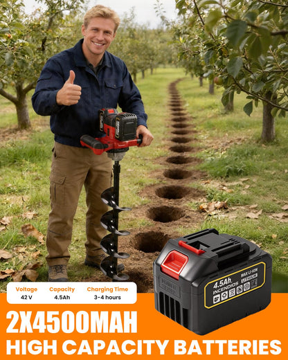 42V Cordless Post Hole Digger with 2x4.5Ah Batteries & Dual Chargers, 1200W Brushless Earth Auger for Fence Post with 6" Drill Bit, 85Nm High Torque Electric Hole Digger for Hard Soil, 800RPM