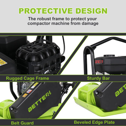 BETTERI Plate Compactor 6.5HP with 196cc 5400 VPM Gas Engine, 20"x15" Compactor Plate Machine, 2500 lbs Compaction Force Plate Tamper, Soil Compactor Machine for Pavers, Walkways, Yard