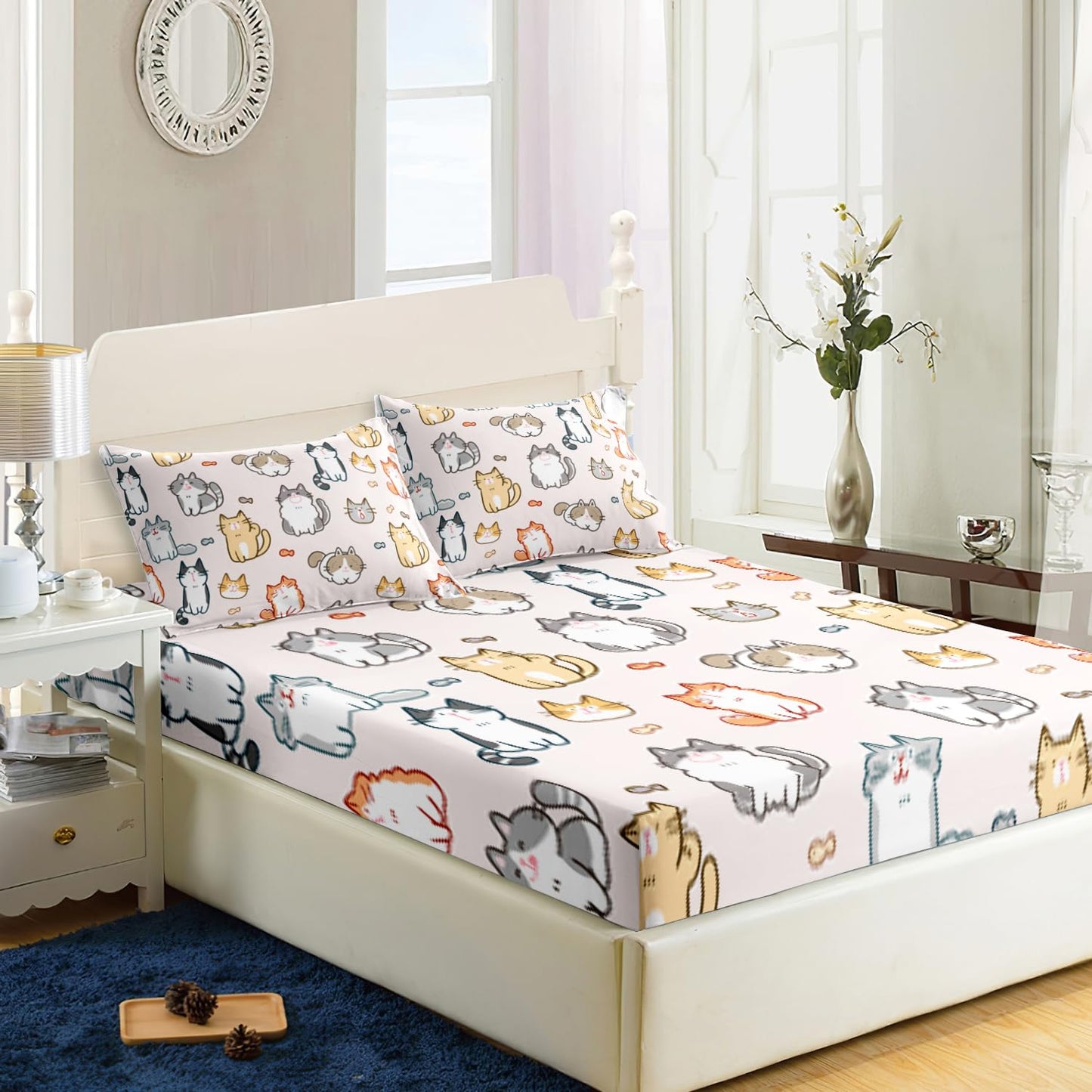 XYNHML Kids Cute Cat Fitted Sheet Set 3Pcs Cartoon Pet Cat Fishing Quilt Bed Sheets Twin Lovely Animal Bedding Set for Boys Teens Adult Includes 1 Fitted Sheet,2 Pillowcases