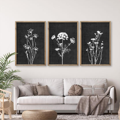 Flower Plant Wall Art Decor 24"x16" Set of 3 Black And White Botanical Painting Wood Framed For Minimalist Bedroom Office Rustic Living Room Abstract Wildflower Sign Hanging (Wood Black)