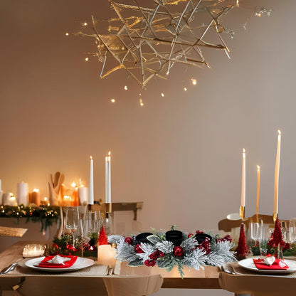 Svndlyn Christmas Candle Holder - 3 Candle Holders with Snow Flocked Pine Branches & Red Berries | Festive Table Centerpiece