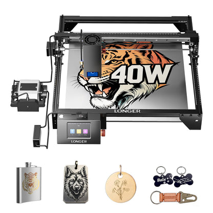 Longer RAY5 40W Laser Engraver Offers 24,000 mm/min Speed with air Assist, 3.5" Touchscreen, and Offline app Control for Precise Engraving on Multiple Materials. Class 4.