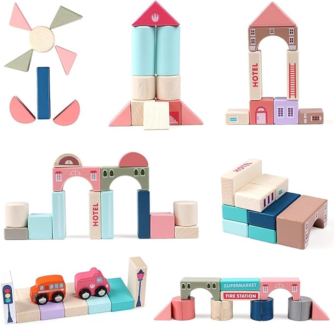 115 Pcs Wooden Building Blocks Toy Set for Kids City Construction Stacker Stacking Preschool Learning Educational Toys Gifts for 3+ Boy Girl Toddler