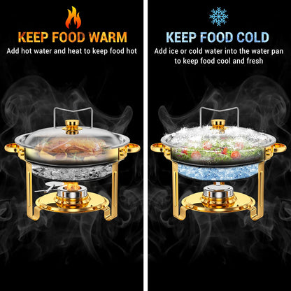 Keyoxy Round Chafing Dishes for Buffet 5 Qt,High Grade Chafing Dish Buffet Set, Full Size Pan,Rolled-Edge Design Food Warmers for Parties,Buffet,Wedding,Birthday,Camping 4 PACK (Gold)
