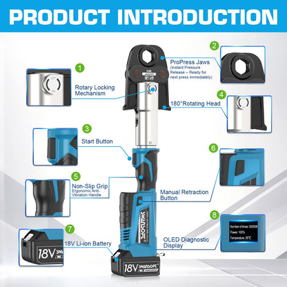 SWANSOFT Pro Press Tool, 18V 4Ah Hydraulic Copper Crimping Tool Electric with 4 US Standard Jaws 1/2", 3/4'', 1", 1-1/4" Pro Press Copper Crimper Tool Plumbing Pro Press Tool Kit