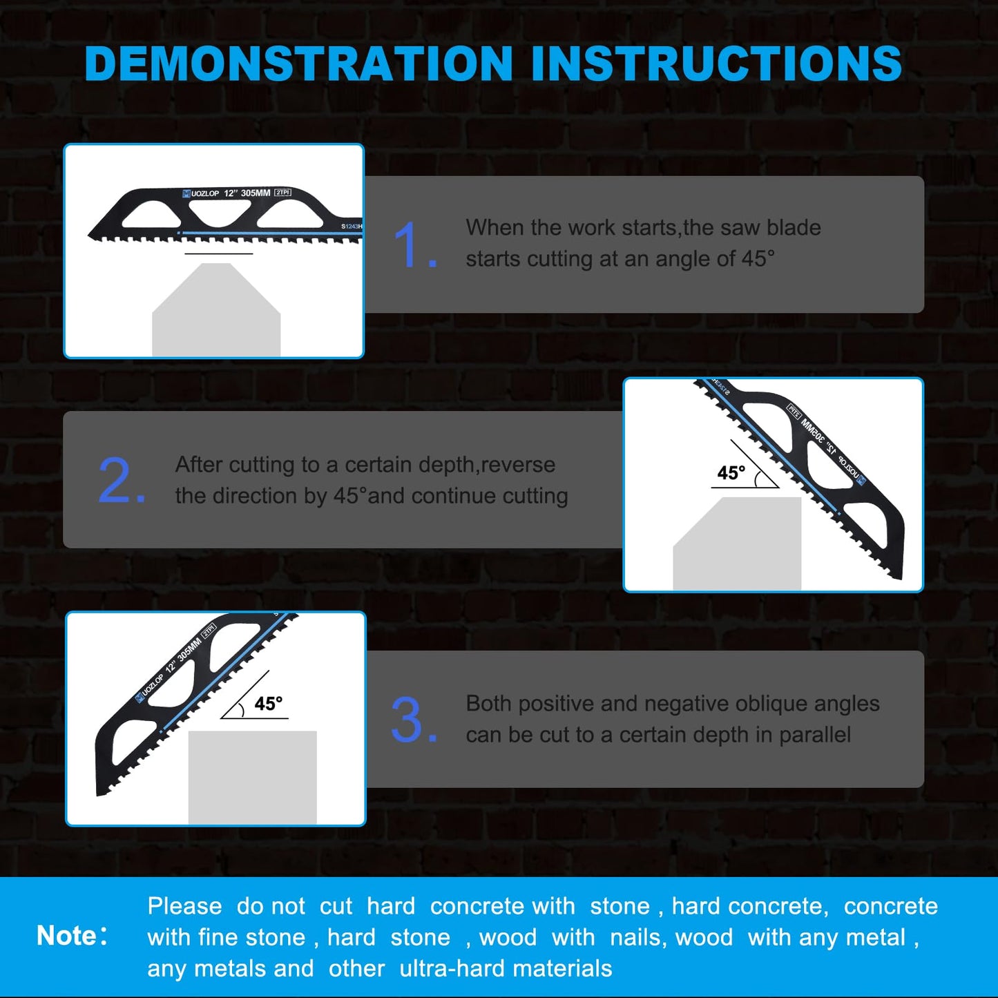 MUOZLOP 12 inch Masonry Reciprocating Saw Blades,2TPI Carbide Blade Strong teeths for Cutting Brick, Cement, Porous Concrete，3 Pack (3, 12 inch)