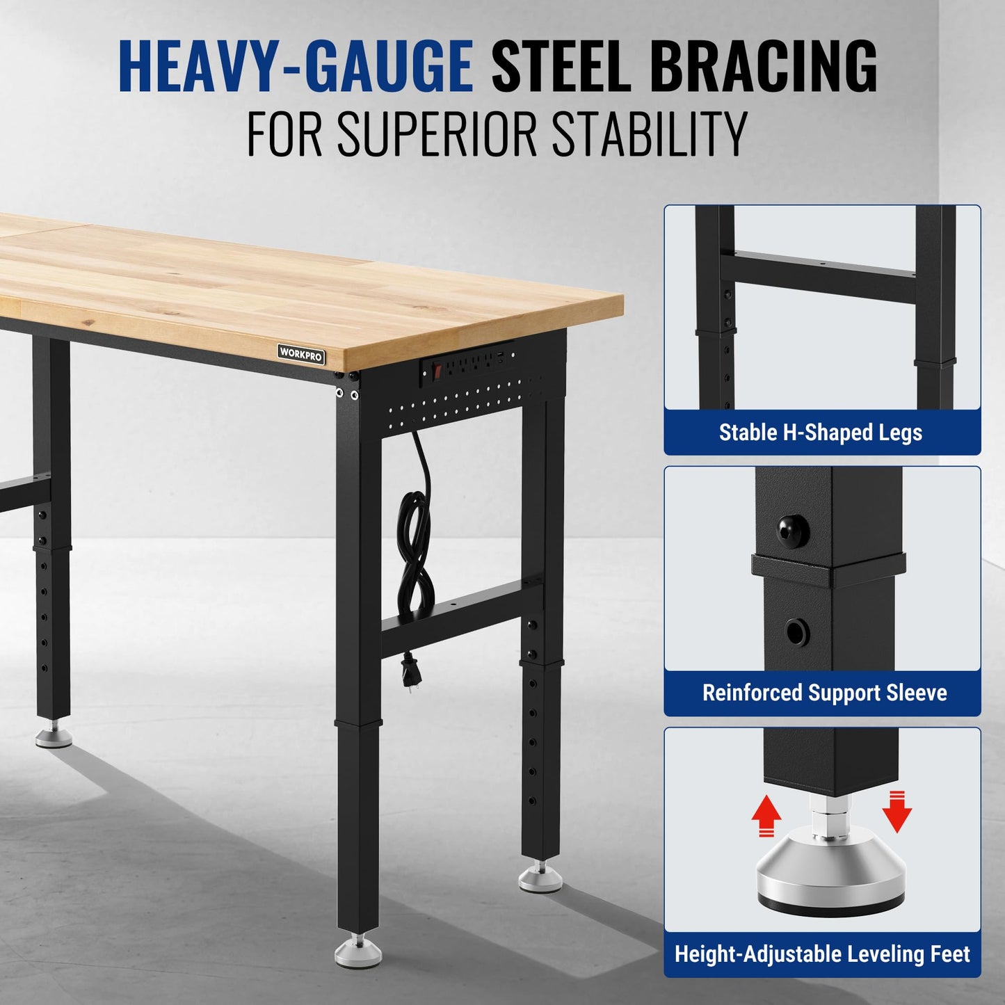 WORKPRO 96x24" Heavy-Duty Adjustable Workbench, 4000LBS Load Capacity Work Table with Power Outlet & Pegboard, Rubber Wood Top Workstation with Leveling Foot for Garage, Workshop