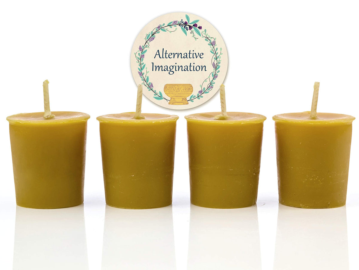 Alternative Imagination 100% Pure Natural Beeswax Votive Candles - 4 Pack - Hand-Poured - Unscented- Light Honey Aroma - 15 Hour Burn - Paraffin-Free, Long Lasting for Prayer, Meditation & Home Decor
