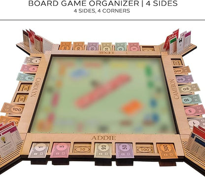 Personalized Board Organizer Custom Frame Compatible with Monopoly and Game Pieces | Economic Themed Organizer | 4 Sides and 4 Corners