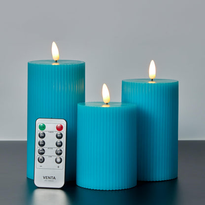 VENTA Turquoise Flameless Pillar Candles, Set of 3 (4" 5" 6") | Realistic Flickering Teal LED Candles with Remote & Timer | Perfect for Coastal, Boho & Modern Home Decor