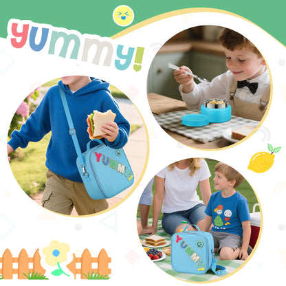 Bento Lunch Box with 10oz Soup Thermo for Kids Insulated Lunch Bag & Foldable Silicone Cup Food Leak Proof Food Container with 5 Compartment for Kid to Shool Travel