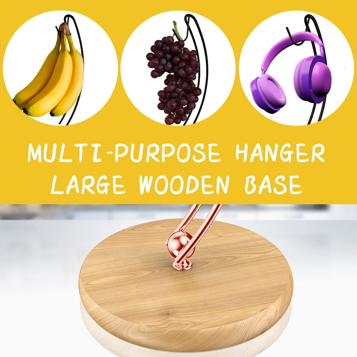 Signice Banana Holder Stand - Patented Modern Banana Tree Hanger with Wood Base Stainless Steel Banana Rack for Home Kitchen Use,Doesn't Tip Over (Rose Gold)