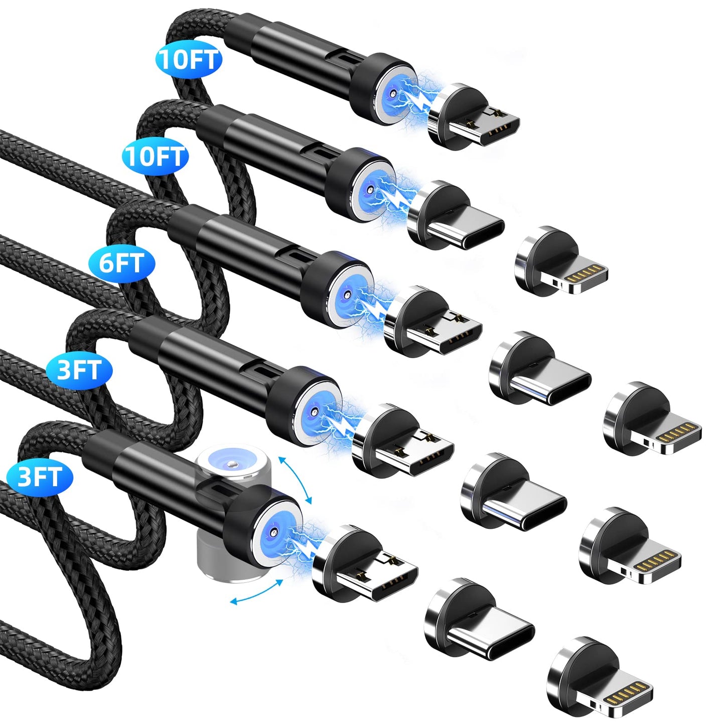 3 in 1 Magnetic Phone Charger - 5-Pack Rotating Magnetic Charger Cable with LED Light, Nylon Braided Cord for Micro-USB, USB C and i-Product Devices - Black