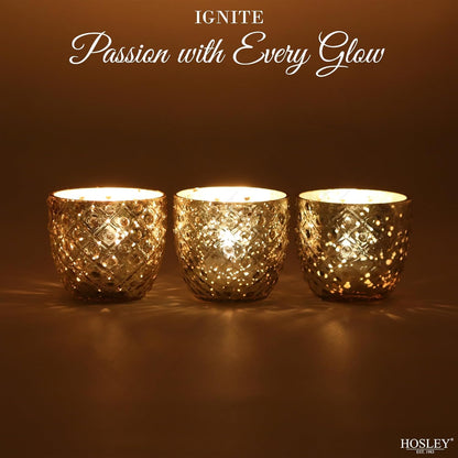 Hosley Set of 6 Antique Gold Speckled Metallic Glass LED Votive Tealight Candle Holder 2.75 Inches Ideal for Bridal Weddings Parties Special Events Spa Aromatherapy Mini Flower Pots O3